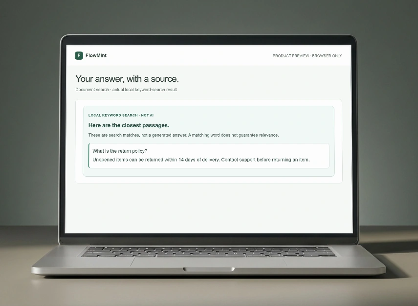 Illustrative laptop preview of FlowMint’s local document search results